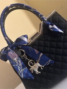 Twilly Silk Handbag Headband Neck Tie (1) Blue Navy Gold Great w/ Dior